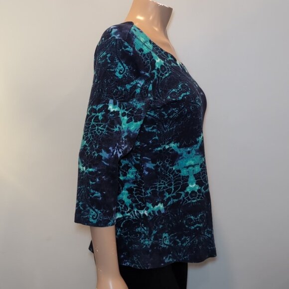 3/$20 Tribal Tye Die Damask Print Top Boho Neckline ¾ Sleeve Jewel Tone Knit - Picture 6 of 9
